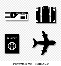 Vector black and white silhouette illustration of summer travel icon set collection isolated on transparent background. Baggage, boarding pass ticket, airplane, passport icons for graphic web design.