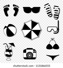 Vector black and white silhouette illustration of summer travel beach icon set isolated on transparent background. Photo camera, flip flops, umbrella, cocktail, ball, footprints, diving mask, swimsuit