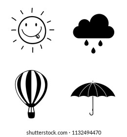 Vector black and white silhouette illustration of seasons weather icon set collection isolated on white background. Smiling hand drawn sun, rainy cloud, umbrella, airship icons for graphic web design.