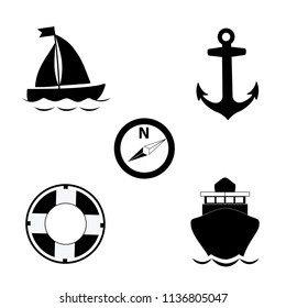 Vector black and white silhouette illustration of summer travel sea icon set isolated on white background. Sailing ship, anchor, compass, lifebuoy, yacht. Cruise icons collection for graphic design.