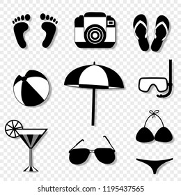 Vector black and white silhouette illustration of summer travel beach icon set isolated on transparent background. Photo camera, flip flops, umbrella, cocktail, ball, footprints, diving mask, swimsuit