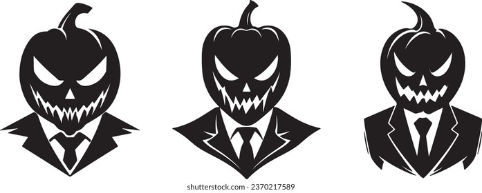 Vector of black and white silhouette of a jack o’ lantern, simple design, man pumpkin head, Halloween cartoon set collection