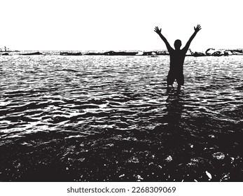 Vector black and white silhouette of a man overboard with his arms raised representing a sense of freedom and relaxation on vacation