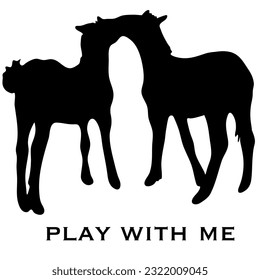 Vector black and white silhouette ready to print: a cute horse foal, moving pose