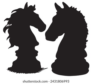 Vector black and white silhouette ready to print: Horse chess figure head set