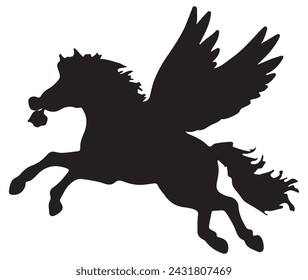 Vector black and white silhouette ready to print: Flying pegasus horse Amor, love is in the air