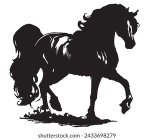 Vector black and white silhouette in simple hard pen style, ready to print: Majestic dressage arabian horse