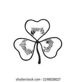 vector black and white silhouette of a three-leafed clover leaf isolated on white background, hand drawn graphics in doodle style, logo, tag, print, tattoo, fragrances, supplement
