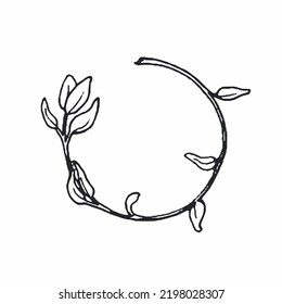 silueta vectorial en blanco y negro de una rama con hojas aisladas en fondo blanco, gráficos dibujados a mano en estilo doodle, marco redondo, logotipo, etiqueta, impresión, tatuaje, fragancias, suplemento