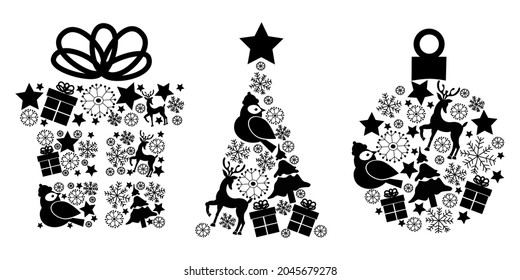 Vector black and white silhouettes of christmas ball, tree and gift box with christmas icons of deer, snowflakes, stars, fir