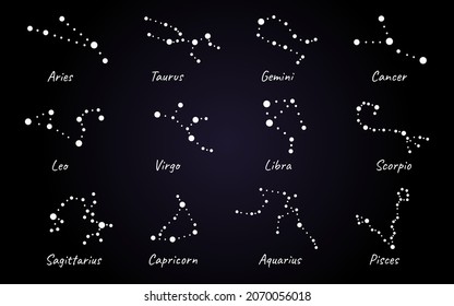 Vector black and white simple flat icon set of zodiacs constellations: Aries, Taurus, Gemini, Cancer, Leo, Virgo, Libra, Scorpio, Sagittarius, Capricorn, Aquarius and Pisces