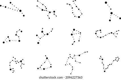 Vector black and white simple flat icon set of zodiacs constellations: Aries, Taurus, Gemini, Cancer, Leo, Virgo, Libra, Scorpio, Sagittarius, Capricorn, Aquarius and Pisces