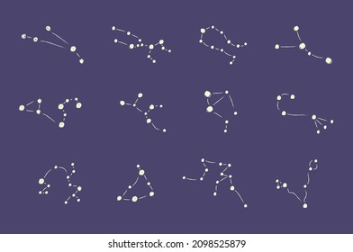 Vector black and white simple flat hand-drawn icon set of zodiacs constellations: Aries, Taurus, Gemini, Cancer, Leo, Virgo, Libra, Scorpio, Sagittarius, Capricorn, Aquarius and Pisces