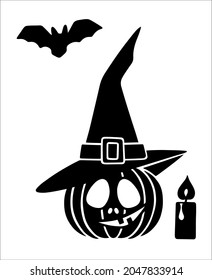 Vector black and white simple hand-drawn illustration of a pumpkin silhouette with a carved face in a hat with a candle and a bat for Halloween