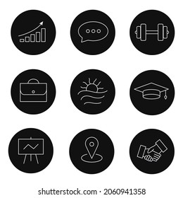 Vector black and white simple linear icon set for business, banking, social media.
