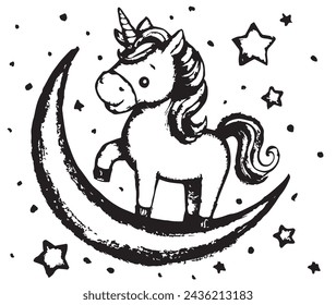 Vector black and white simple sketched lineart for coloring book: pony horse standing on the Moon