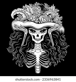 Vector Black and White Skeleton Catrina Illustration  