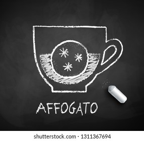 Vector black and white sketch of Affogato coffee on chalkboard background with piece of chalk.