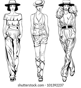 vector black and white sketch of the beautiful young girls in trouser suits and hats isolated on white background.