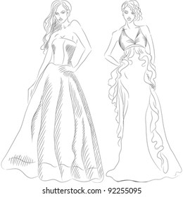 vector black and white sketch of a beautiful young girls with long hair in a fashion evening dresses isolated on white background