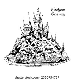 Vector black and white sketch of Cochem, with Reichsburg castle on hill, Germany