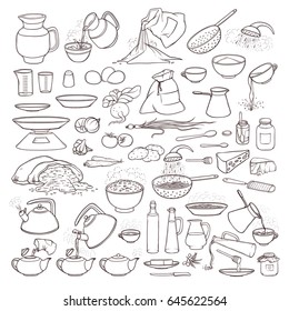 Vector black and white sketch collection set of food products, beverages and kitchen utensils. Brew tea and coffee, cooking pasta, pour olive oil and honey. Fresh vegetables, flour and grain in bag