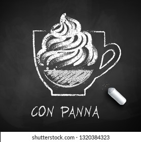 Vector black and white sketch of Con Panna of Vienna coffee on chalkboard background with piece of chalk.