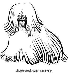 Vector Black And White Sketch Of The Dog Tibetan Terrier Breed Sitting