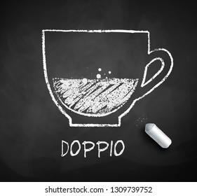 Vector black and white sketch of Doppio coffee on chalkboard background with piece of chalk.