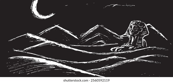 Vector black and white sketch: Egyptian desert with Sphinx