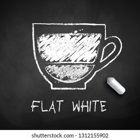 Vector  black and white sketch of Flat White coffee with piece of chalk on chalkboard background.