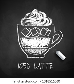 Vector black and white sketch of Iced Latte coffee on chalkboard background with piece of chalk.
