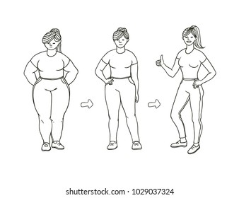 Vector black and white sketch illustration of how fat girl loses weight. Young woman becomes slimmer arrows show progress. Satisfaction with the result. Contour painted picture on a white background.