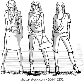 Vector black and white sketch illustration of three fashion girls