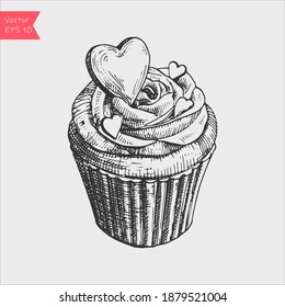 Dibujo vectorial en blanco y negro de una linda tarta dulce cremosa. se puede usar para tarjetas de felicitación o invitaciones de fiesta