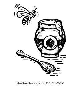 Vector black and white sketch illustration of an open jar of honey, a spoon and a bee