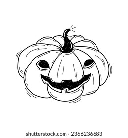 Vector black and white sketch illustration of Halloween pumpkin. Funny pumpkin with carved mouth and eyes. Isolated object. For banners, advertising, posters, backgrounds, invitations