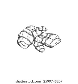 Vector black and white sketch illustration of turmeric root, hand drawn. Herbal spice. Root tuber. Engraved style. Food organic ingredient. Isolated background. Vintage outline style.