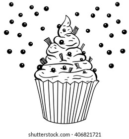 vector black and white sketch illustration of cute cartoon cupcake. can be used for greeting cards or party invitations