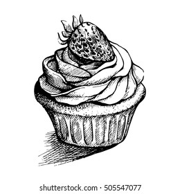 Vector black and white sketch illustration of cute creamy sweet cupcake with strawberry. can be used for greeting cards or party invitations.
