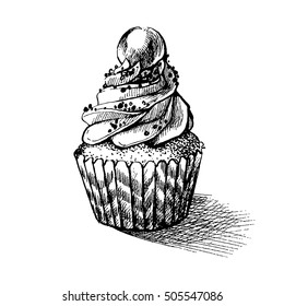 Vector black and white sketch illustration of cute creamy sweet cupcake. can be used for greeting cards or party invitations.
