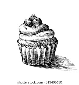 Vector black and white sketch illustration of cute creamy sweet cupcake. can be used for greeting cards or party invitations