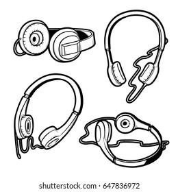 Vector black and white sketch illustration of set of headphones with microphone and without it. Isolated drawing of hand headset from different angles. Device for operator, musician and music lover