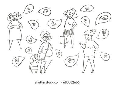 Vector black and white sketch illustration set of pregnant women. Expectation of the child and emotion. Feelings and questions about pregnancy. Doodle drawing of the prenatal period for future mom