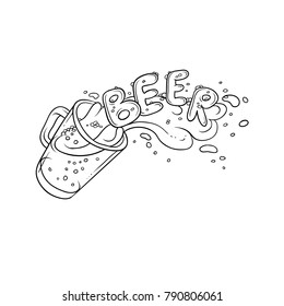 Vector black and white sketch illustration pint, tumbler of beer. Bubbles and foam pouring from mug. Drink ale in glassware. Letters form the inscription and splashing in alcoholic beverage.