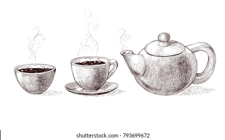 Vector black and white sketch illustration of fresh brewed hot and flavored morning coffee and tea from teapot in cup. Drink with steam in bowl. Imitation vintage engraving.