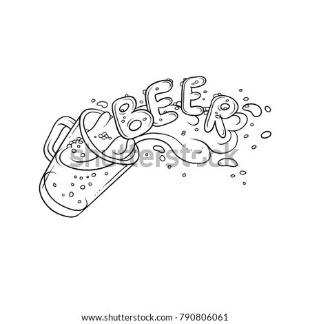 Vector black and white sketch illustration pint, tumbler of beer. Bubbles and foam pouring from mug. Drink ale in glassware. Letters form the inscription and splashing in alcoholic beverage.