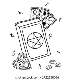 Vector black and white sketch of a magic book, Tarot cards and runes