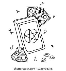 Vector black and white sketch of a magic book, Tarot cards and runes