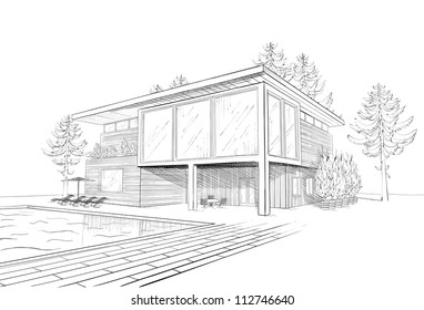 Vector black and white sketch of modern suburban wooden house with swimming pool and chaise lounges